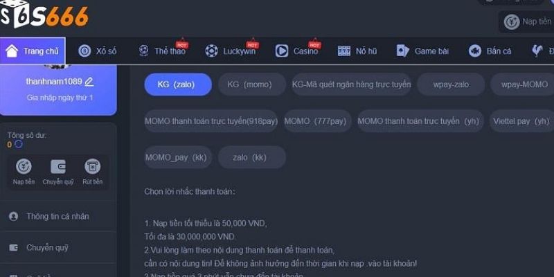 Các bước hướng dẫn nạp tiền S666 nhanh chóng
